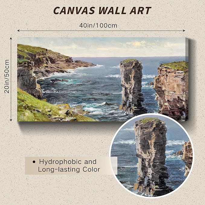 crmotu Coastal Landscape Wall Art, Coastline Mountain Cliff Scenery Canvas Painting, Ocean Nature Scenic Rustic Home Decor, Nautical Large Wall Decor Living Room Bedroom Art Prints 20X40 In