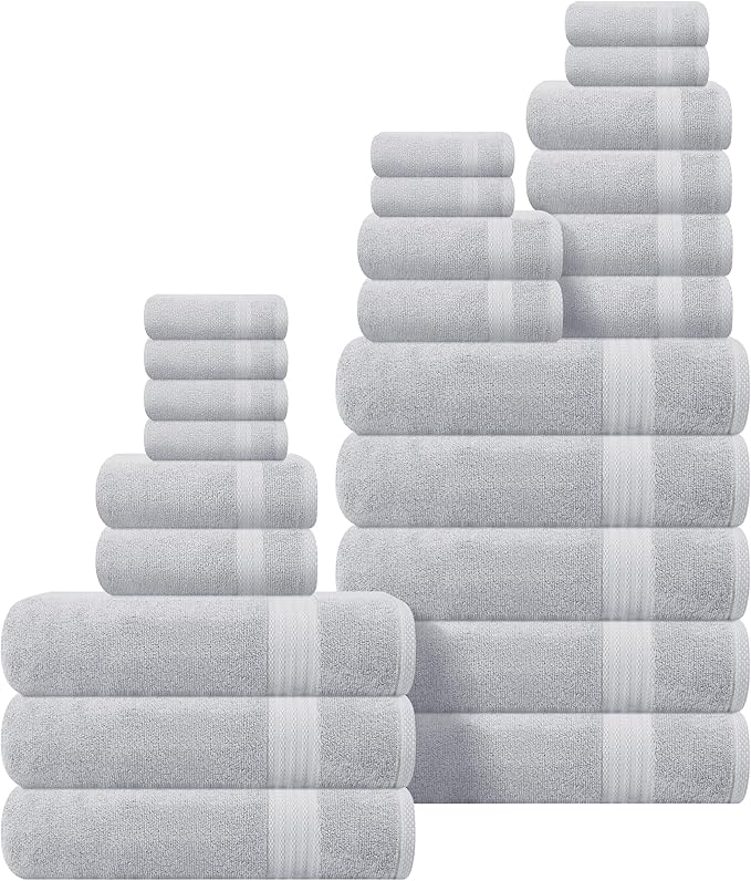GLAMBURG Ultra Soft 24-Piece Towel Set - 100% Pure Ringspun Cotton, Contains 8 Oversized Bath Towels 27x54, 8 Hand Towels 16x28, 8 Wash Cloths 13x13 - Ideal for Everyday use, Hotel & Spa - Light Grey