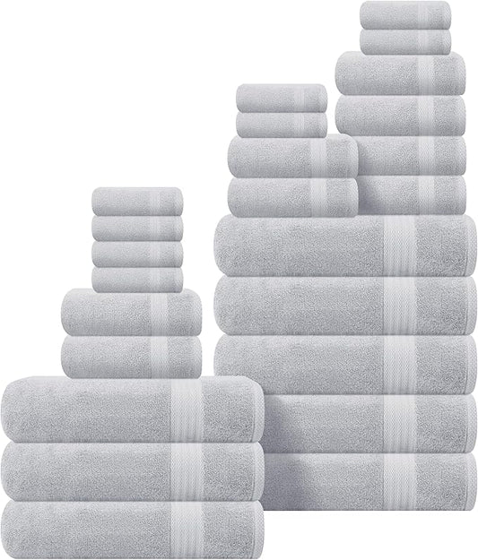 GLAMBURG Ultra Soft 24-Piece Towel Set - 100% Pure Ringspun Cotton, Contains 8 Oversized Bath Towels 27x54, 8 Hand Towels 16x28, 8 Wash Cloths 13x13 - Ideal for Everyday use, Hotel & Spa - Light Grey