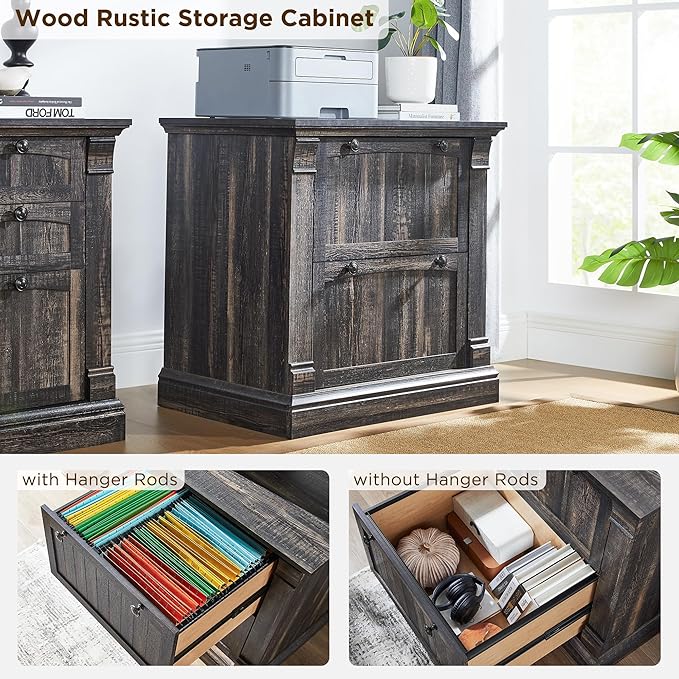 OKD Farmhouse File Cabinet with 2 Drawers, 30" Lateral Filing Cabinet, Hanging File Folders, Interlocking Drawers, Rustic Oak Wood, Brown, Home Office, Living Room, 30" x 22" x 10.2"