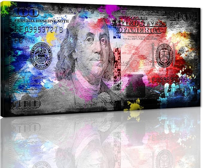 Colorful 100 Dollars Bill Wall Art Canvas Panintings Inspirational Wall Art Money Pop Art Entrepreneur Motivational 100 Bill Cash Benjamin Franklin Dollar Office Home Decor Wooden Framed-48"Wx24"H