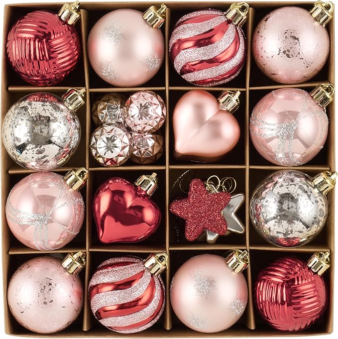 Valery Madelyn 28Pcs Valentines Heart Shaped Ornaments Gift Pack, Spring Easter Craft Painted Tree Heart Decorations, Pink Red Silver Christmas Baubles Hanging Party Wedding Anniversary Decor
