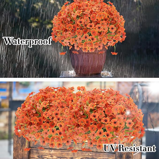 20 Bundles Fall Flowers Artificial for Decoration Outdoors, Fake Flowers Faux Plants Silk Colorful Daisy Eucalyptus Realistic UV Resistant for Garden Patio Porch Box Home Decor, Orange