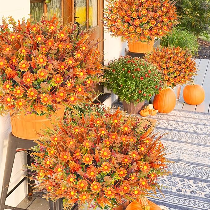 64 Pcs Outdoor Fall Flowers UV Resistant Faux Fall Plants with Fall Daisy Eucalyptus Lavender Artificial Autumn Flowers Greenery for Outside Home Porch Patio Thanksgiving Decoration