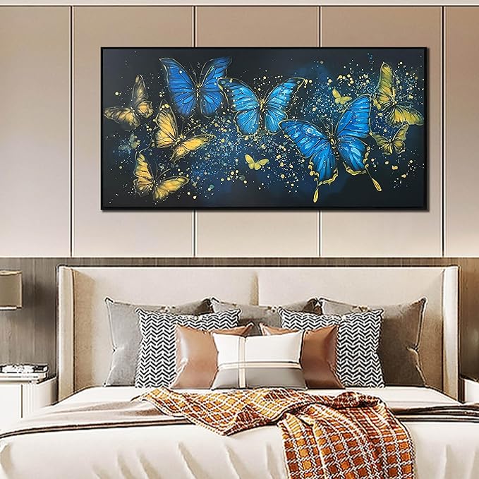 Bedroom Butterfly Pictures Wall Decor for Women - Gold and Blue Wall Art for Living Room - Framed Hand Painted Oil Paintings on Canvas Wall Art Size 29" x 59"
