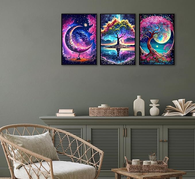 EVPYXFUT 3PCS Tree of Life Wall Art Moon Canvas Poster Romantic Starry Night Pictures Fantasy Forest Paintings Tree Life Prints Visual Modern Abstract Wall Decor for Living Room Bedroom Unframed