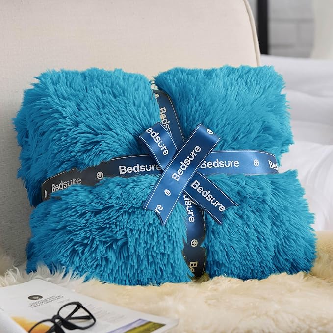 Bedsure GentleSoft Fluffy Bright Blue Blankets Queen Size for Bed, Thick Sherpa Faux Fur Fleece Fuzzy Plush Winter Warm Soft Queen Blankets, Bedroom Decor Blue Cozy Gifts for Women Men, 90x90