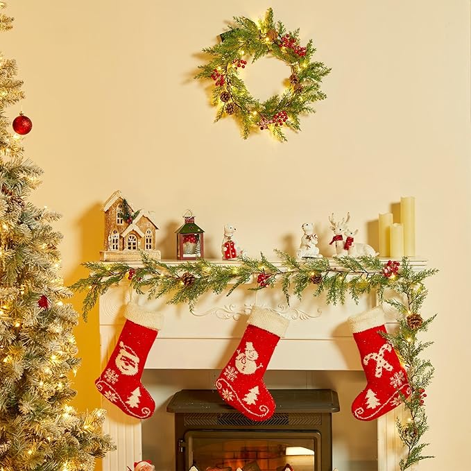 Brightown Christmas Garland with Lights, 6Ft 20 LED Lighted Cypress Leaves Garland Decorated with Pine Cones, Berry, Battery Operated Christmas Lights for Mantle Fireplace Stairs Wall Table, 2 Pack