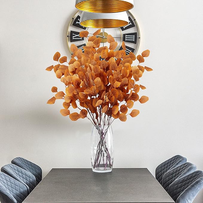 Sggvecsy 6 Pcs Fall Eucalyptus Leaves Artificial Eucalyptus Stems Long Silver Dollar Leaves Autumn Leaf Branches Fake Silk Eucalyptus for Christmas Home Autumn Festival Thanksgiving Decor(Orange)