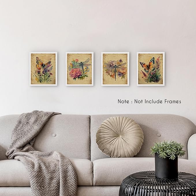 HRQKO Vintage Butterfly Dragonfly Floral Wall Art Poster Prints Set of 4, Dragonfly Wall Decor, Retro Wildflower Artwork Printing Posters Wall Decor, Butterfly Prints for Living Room 8”x10” Unframed