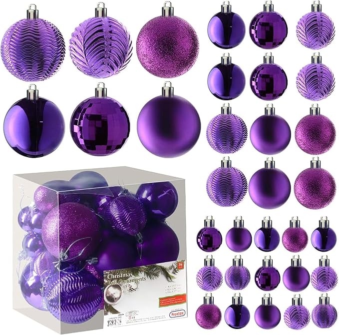 PREXTEX 36-Piece Purple Christmas Ornaments Set - Shatterproof Plum Xmas Tree Balls - 6 Styles, 3 Sizes with Hanging Loops to Decorate Christmas Tree Ornaments for Indoor and Outdoor Holiday Decor