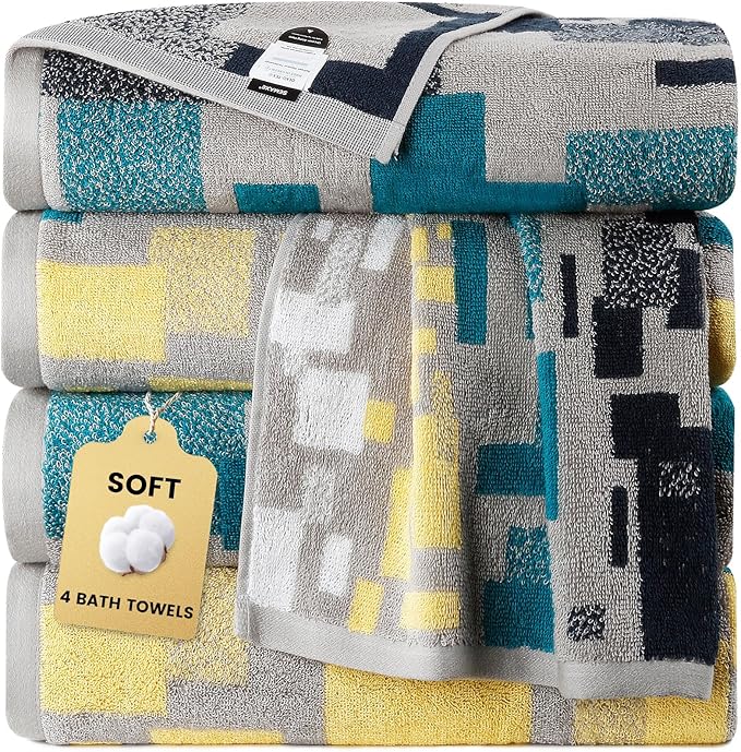 SEMAXE 4-Pack Luxury Bath Towels for Bathroom, 100% Cotton, Soft, Absorbent, and Quick-Drying, 55"x27", Impression, Perfect for Hotels, Gyms, and Spas