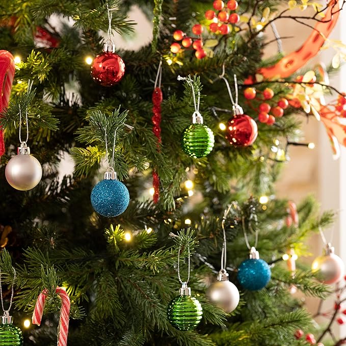 Valery Madelyn 1.57 Inches Small Christmas Tree Decorations Ornament Set for 4th of July Fall Halloween, 24ct Red Green and Blue Shatterproof Hanging Ball Ornaments Holiday Party Decor