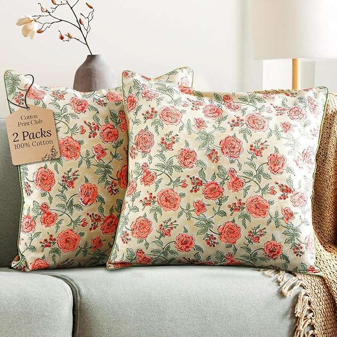 CPC 100% Cotton Throw Pillow Covers 18x18 Inch, Set of 2 Orange Block Print Pattern Couch Pillow, Cute Boho Decorative Pillows for Living Room, Bedroom with Hidden Zipper- Fire Opal