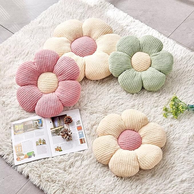 White Brown Flower Pillow, 14.9" Cute Flower Shaped Floor Pillow, Aesthetic Floral Plush Daisy Decorative Throw Pillows for Bed Sofa Couch