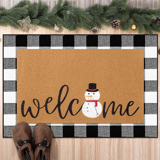 2 Pcs Christmas Door Mat Snowman Welcome Non Slip Coir Mats Merry Xmas Black White Buffalo Plaid Floor Layering Doormats Seasonal for Front Porch Entryway Decor(Snowman)