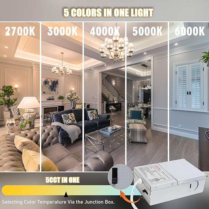6-Pack of 4-Inch Slim LED Recessed Lights with Junction Box, Adjustable Color Temperatures (2700K-5000K), 9W Equivalent to 75W, Dimmable, 950LM Brightness - ETL and Energy Star Certified