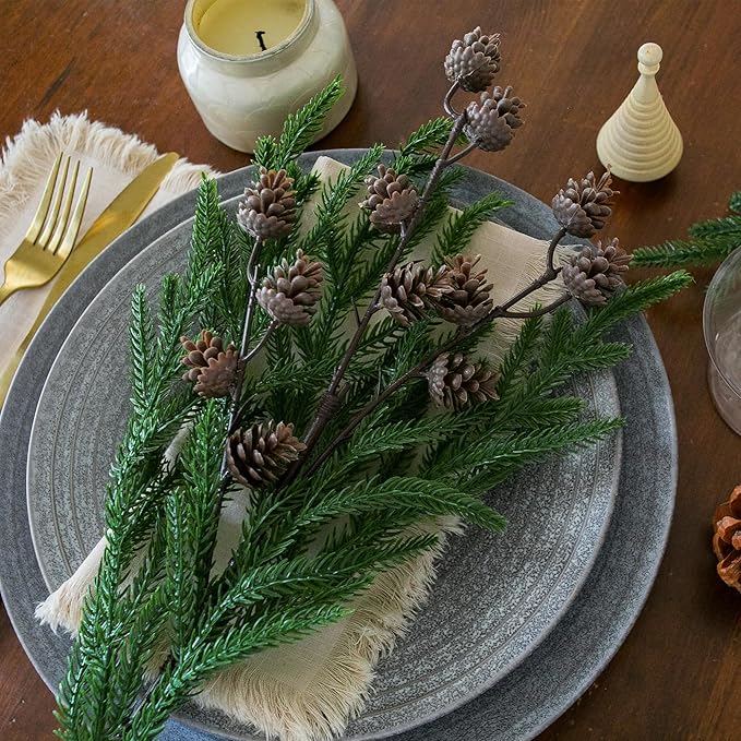 Artificial Christmas Norfolk Pine Stems Branches for Vases,12 Bundles Fake Pine Stems with 2 PCS Small Pinecones Branches Faux Evergreen Real Touch Greenery for Xmas Holiday Winter Table Indoor Decor