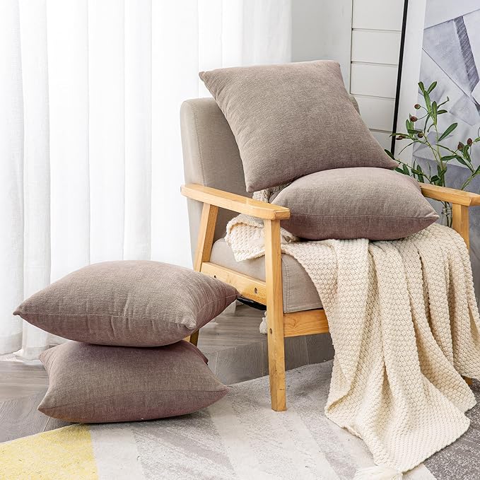 GAWAMAY Decorative Square Throw Pillow Covers 18"x18" Inch Set of 4, Super Soft Chenille Pillows Cover Fall Pillowcase for Living Room Bedroom Sofa Couch Cushion Cover Taupe Grey 45x45cm