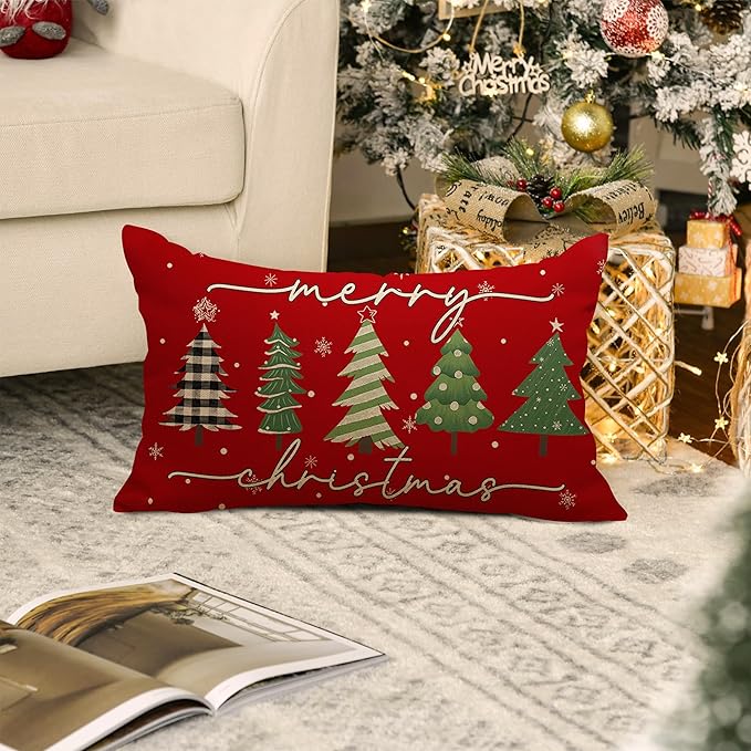 Christmas Pillow Covers 12x20 Inch, Red Green Christmas Tree Decorative Pillow Covers Winter Holiday Cushion Cases Decor for Home Couch Sofa