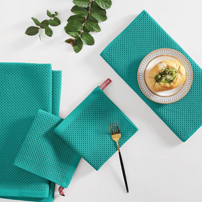 Homaxy 100% Cotton Kitchen Towels and Dishcloths Set, 12 x 12 Inches and 13 x 28 Inches, Set of 12 Bulk Kitchen Towels Set, Ultra Soft Absorbent Dish Cloths for Washing Dishes, Teal