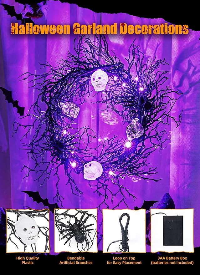Brightown Halloween Decorations Garland with Lights, 6 Feet 20 LED Purple Lights Vine Garland with Spider, Skull, Battery Operated for Fireplace Mantle Wall Table Door