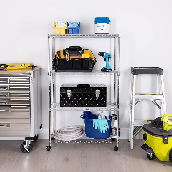 Seville Classics Solid Steel Wire Shelving Storage Unit Adjustable Shelves Organizer Rack, for Home, Kitchen, Office, Garage, Bedroom, Closet, Steel, 4-Tier, 30" W x 14" D