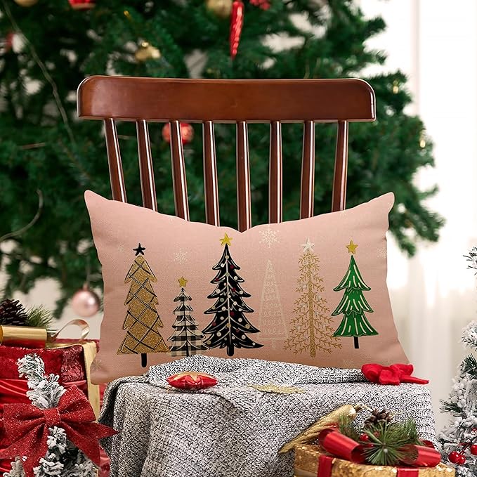 Pink Christmas Pillow Covers 12x20 Inch Black Green Gold Christmas Trees Throw Pillows Pillow Covers Merry Xmas Winter Holiday Decorative Pillow Covers Cushion Cases for Sofa Couch