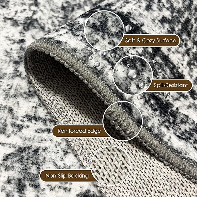 Washable Area Rug 2'6'' x 8' Vintage Traditional Persian Mat - Foldable Distressed Non-Slip Machine Washable Carpet for Living Room Bedroom Kitchen Home Decor - Graphite and Mist