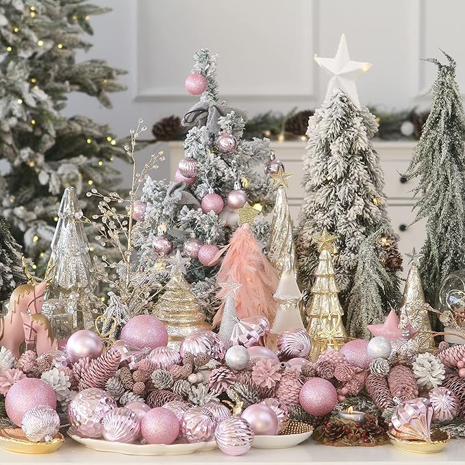 Sea Team 41-Pack Christmas Ball Ornaments with Strings, 60mm/2.36-Inch Medium Size Baubles, Shatterproof Plastic Christmas Bulbs, Hanging Decorations for Xmas Tree, Holiday, Wedding, Party, Pink