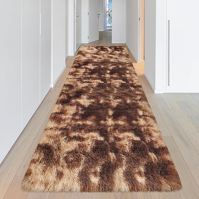 Super Soft Fluffy Living Room Area Rug 3x10 ft Tie-Dyed Brown Shaggy Furry Carpet Washable Non-Slip Floor Rugs Bedroom Bedside Nursery Rug Fuzzy Girls Boy Dorm Home Decor Aesthetic
