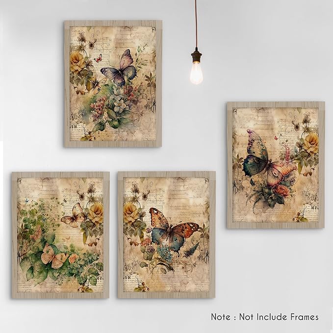 HRQKO Vintage Retro Butterfly Flower Wall Art Poster Prints Set of 4, Butterfly Floral Pictures Artwork Printing Posters Wall Decor, Blossom Botanical Prints for Bathroom Living Room 12”x16”