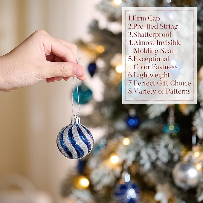 Valery Madelyn 28Pcs Christmas Heart Shaped Ornaments Gift Pack, Navy Blue Silver Craft Painted Tree Heart Decorations, Christmas Baubles Hanging Indoor Holiday Party Xmas Decor