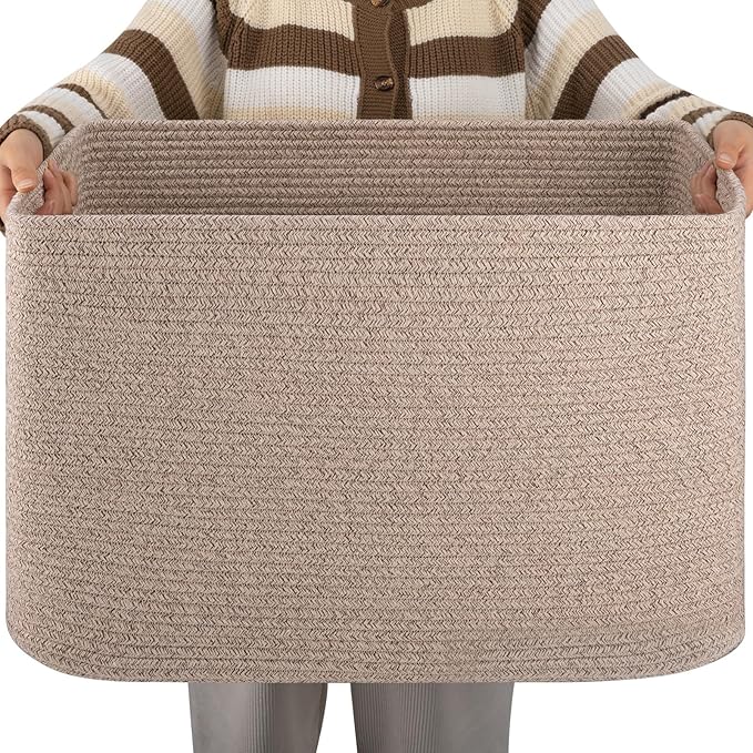 OIAHOMY XXLarge Rectangle Blanket Basket-96L, Cotton Woven Basket for Storage, Dirty Clothes Basket for Living Room, Nursery, Bedroom, Toy Organizing with Handle, 24" x 16" x 15",Brown variegated