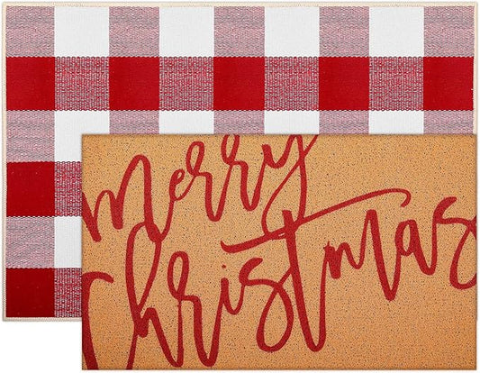 2 Pcs Christmas Door Mat Xmas Welcome Non Slip Coir Mats Merry Christmas Red White Buffalo Plaid Floor Layering Doormats Seasonal for Front Porch Entryway Decor(Red White Buffalo)