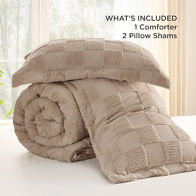 Bedsure Queen Size Comforter Set Khaki, Boho Tufted Bed Set, Checkered Farmhouse Shabby Chic Bedding, 3 Pieces, 1 Plaid Geometric Comforter and 2 Pillow Shams