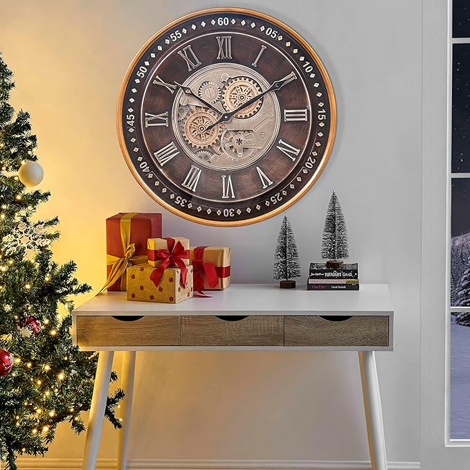 CLXEAST 24 Inch Wall Clock with Moving Gears,Oversized Large Industrial Steampunk Clock, Antique Gold Metal Roman Numeral Wall Clocks for Farmhouse Living Room Decor