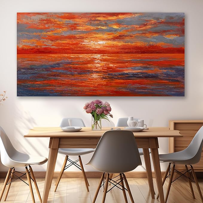 Red Sunset Ocean Abstract Wall Art Canvas Print Wall Decor Landscape Painting Framed Beach Artwork for Living Room Bedroom Office Farmhouse Bar Home Decor 24"x48"