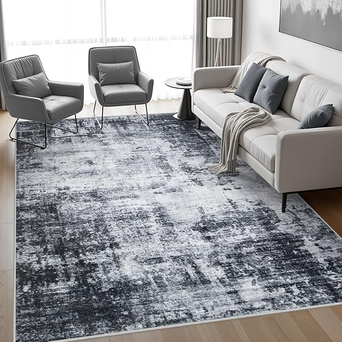 8x10 Area Rug Living Room Rug: Washable Modern Abstract Soft Thin Rug Indoor Floor No Slip Stain Resistant Carpet for Bedroom Dining Room Farmhouse Nursery Home Office - Dark Black