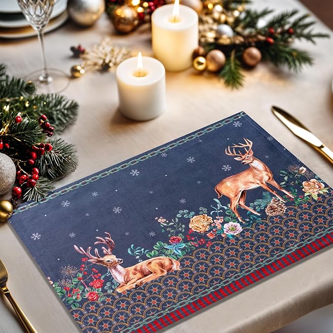 Maison d' Hermine Placemats Set of 4 100% Cotton Washable Cloth Place Mats, Reusable Table Mats for Kitchen Dining Decoration, Party, Wedding, Restaurant (Christmas Joy, 13" x 19")