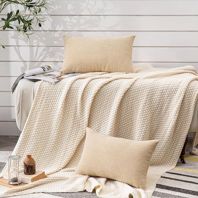 GAWAMAY Decorative Rectangle Throw Pillow Covers 12"x20" Inch Set of 2, Soft Chenille Fall Lumbar Support Pillow Cases for Living Room Bedroom Sofa Couch Cushion Cover Beige 30x50cm (No Inserts)