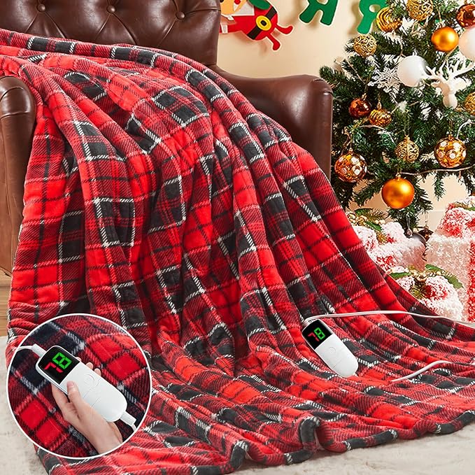 Heated Electric Blanket Twin Size,62X84 Heating Blanket,Red Plaid Soft Sherpa Blankets Warmer Gift for Grandma Women Adult,Fast Heating Washable,ETL