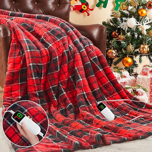 Heated Blanket Electric Throw 50X60, Christmas Heating Throw Gift with 10 Heating Levels & 8 Hours Auto Off, Red Plaid Checkered Sherpa Blanket Warmer for Adults, Couch Bed Office Use, ETL