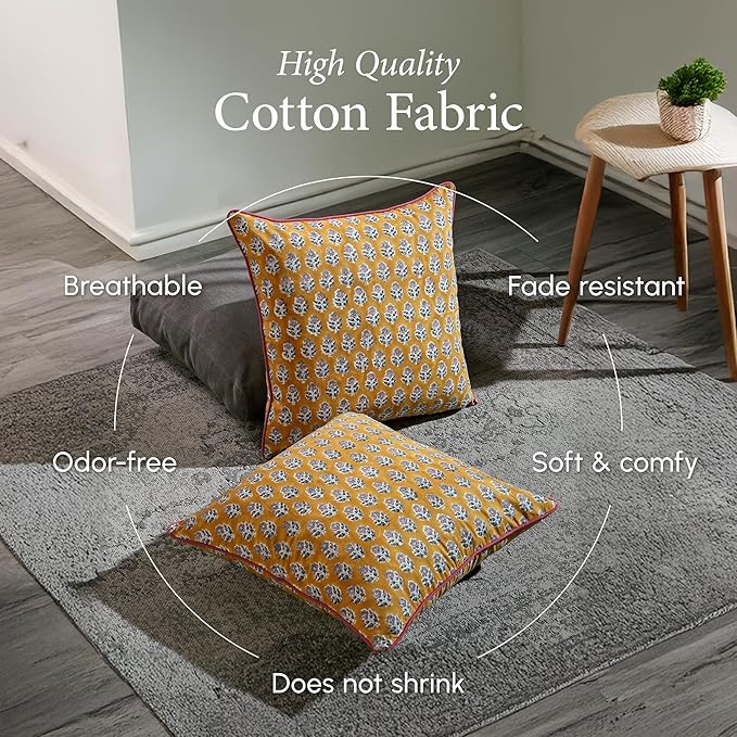 CPC 100% Cotton Throw Pillow Covers 20x20 Inch, Set of 2 Yellow Block Print Pattern Couch Pillow, Cute Boho Decorative Pillows for Living Room, Bedroom with Hidden Zipper- Yellow Citrine