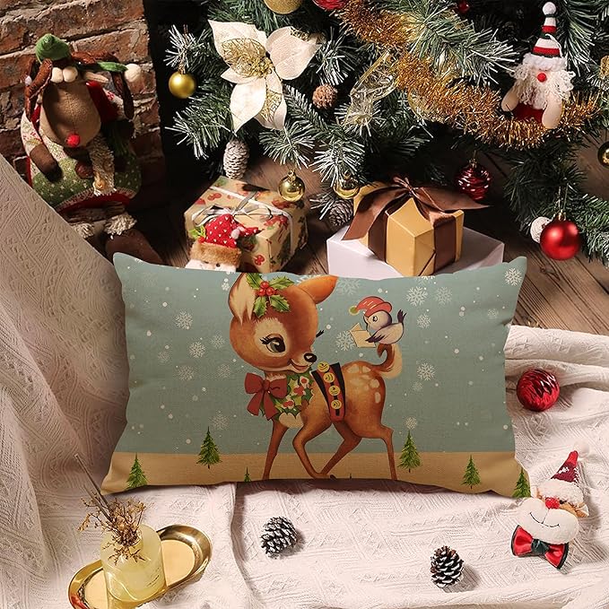 Blue Linen Christmas Pillow Covers - 12x20 Inch, Winter Deer Xmas Throw Pillows - 12 Pack, Outdoor Couch Home Decor