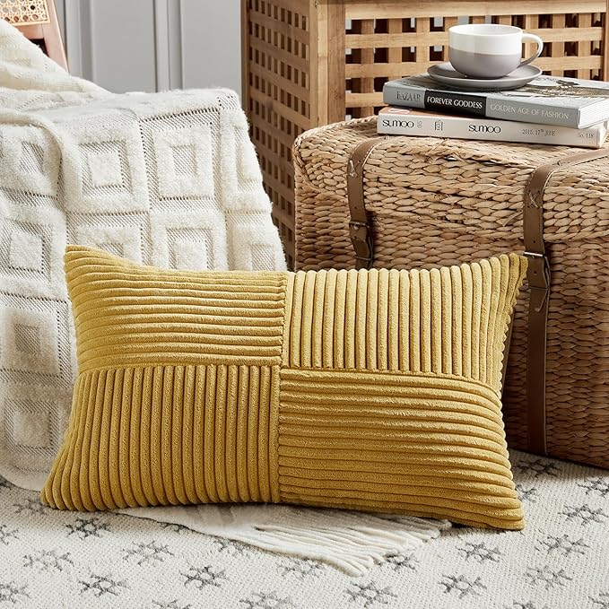 Fancy Homi 4 Packs Mustard Yellow Lumbar Decorative Throw Pillow Covers 12x20 Inch for Living Room Couch Bed, Rustic Farmhouse Boho Home Decor, Soft Striped Corduroy Rectangle Accent Cushion Case