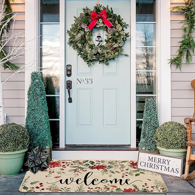 ORTIGIA Welcome Christmas Poinsettia Doormat Indoor Outdoor, Winter Holly Berry Patio Door Mats Non-Slip Durable Door Mat for Home Entrance, Outside Entry, Yard, Floor, Patio 17x36 Inch