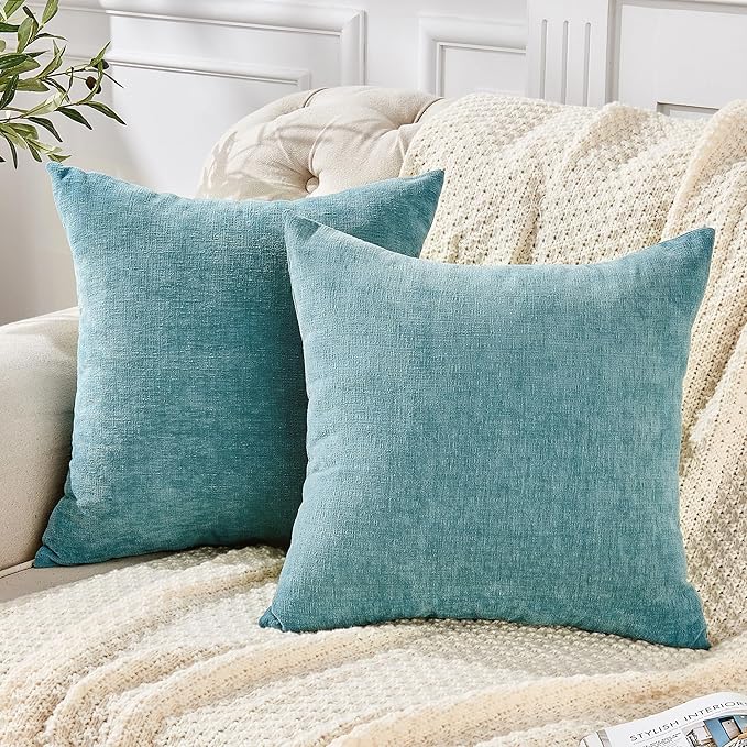 GAWAMAY Decorative Chenille Throw Pillow Covers 26x26 Inch Pack of 2, Soft Square Couch Pillow Cover for Sofa Cushion Living Room Bedroom Oversized Pillowcases Smoke Blue 66x66cm (ONLY Covers)