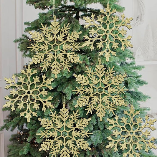 12pcs Large Christmas Snowflakes Decorations, 12" Big Plastic Glitter Gold Snowflake Ornaments for Winter Indoor Outdoor Christmas Tree Holiday Window Room Decor Craft Snowflakes