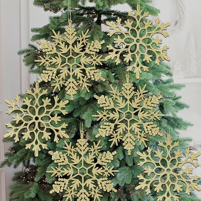 6pcs Large Gold Snowflakes Ornaments 12" Big Plastic Glitter Snowflake for Winter Indoor Outdoor Christmas Tree Window Room Decorations Giant Craft Snowflakes